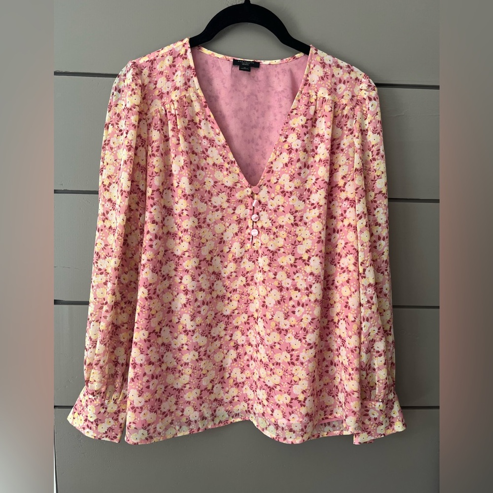 Ann Taylor Long Sleeve Floral Pink Yellow Blouse Top Flowy Silky S Petite EUC